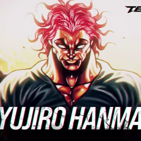 Baki's Yujiro Hanma staring menacing in front of a bright, colorful background, with the words "Yujiro Hanma" in white font.