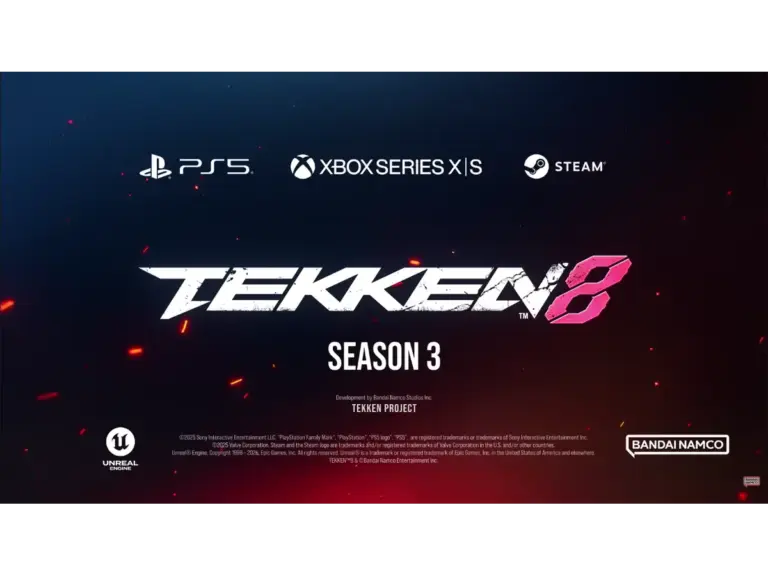 the title "Tekken 8" in front of a black background, with additional information about the game present.