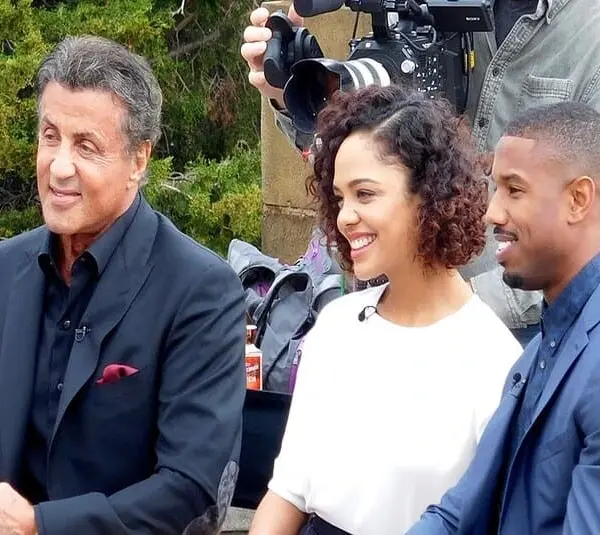 Sylvester Stallone, Tessa Thompson, and Michael B. Jordan promoting the movie Creed at the Philadelphia Art Museum in November 2015
