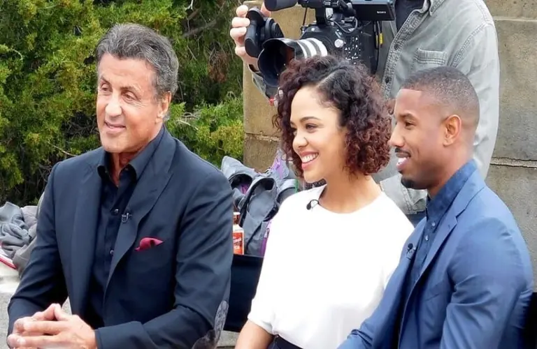 Sylvester Stallone, Tessa Thompson, and Michael B. Jordan promoting the movie Creed at the Philadelphia Art Museum in November 2015