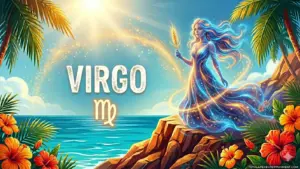 Image for the Virgo sun sign with symbol and name, young woman on a cliff in front of the ocean in the sun