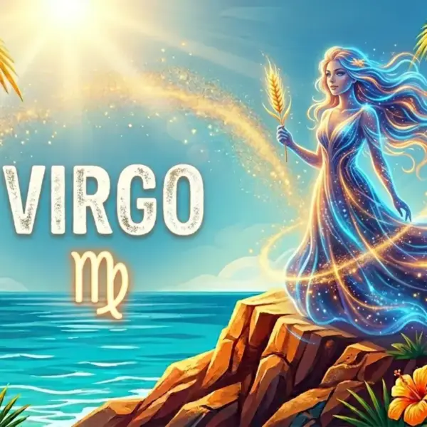 Image for the Virgo sun sign with symbol and name, young woman on a cliff in front of the ocean in the sun