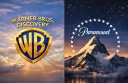 Warner Bros. Discovery over iconic clouds side-by-side with the Paramount mountain symbolizing the pending merger.