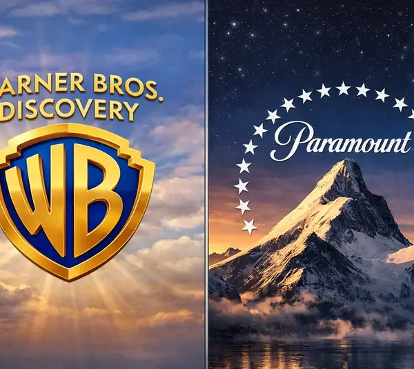 Warner Bros. Discovery over iconic clouds side-by-side with the Paramount mountain symbolizing the pending merger.