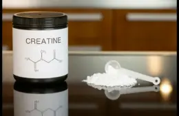 A black container labeled "Creatine" with a chemical formula sits on a reflective surface. Beside it, a scoop rests on a pile of white powder.
