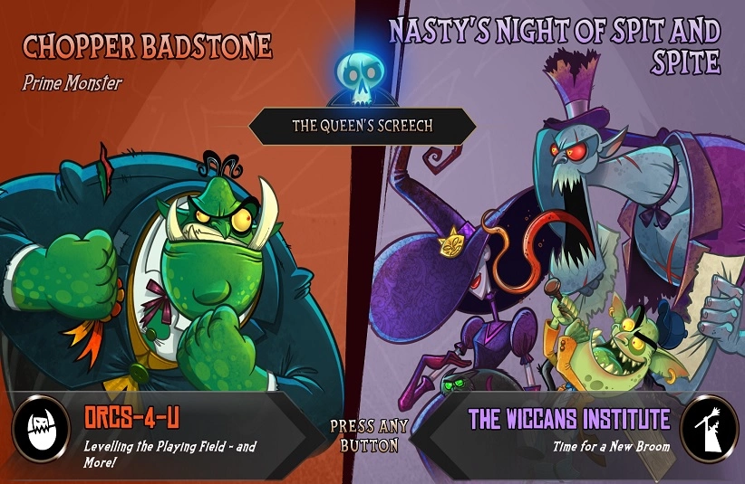 In-game screenshot of Prime Monster featuring Prime Monster Badstone of Orcs-4-U against triple-threat new party with Witch Nasty Aster, Ghoul Rendville, and Goblin Wicket