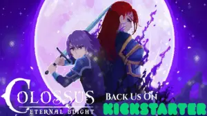 Colossus - Eternal Blight with the text "Back us on Kickstarter!" against a starry purple background with a light purple moon, focus on a character with red hair in purple armor and a purple haired character also in purple armor.