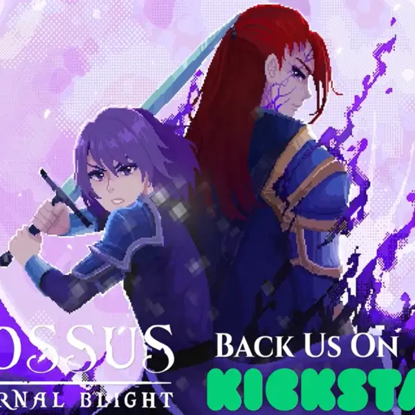 Colossus - Eternal Blight with the text "Back us on Kickstarter!" against a starry purple background with a light purple moon, focus on a character with red hair in rich blue armor and a purple haired character also in blue armor.