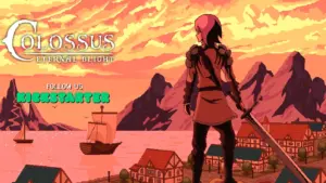 Pixel art of a demo game featuring a warrior with a large sword gazing over a seaside village at sunset. The sky is vibrant, and the text reads "Colossus: Eternal Blight."