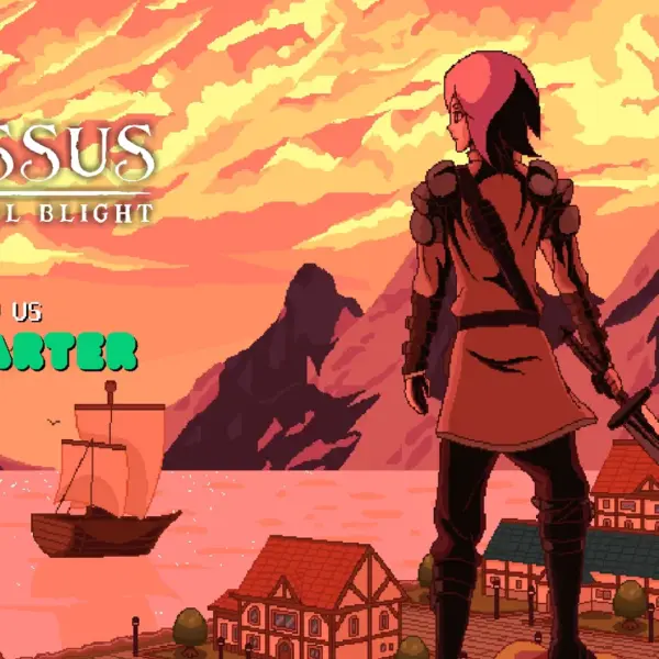 Pixel art of a demo game featuring a warrior with a large sword gazing over a seaside village at sunset. The sky is vibrant, and the text reads "Colossus: Eternal Blight."