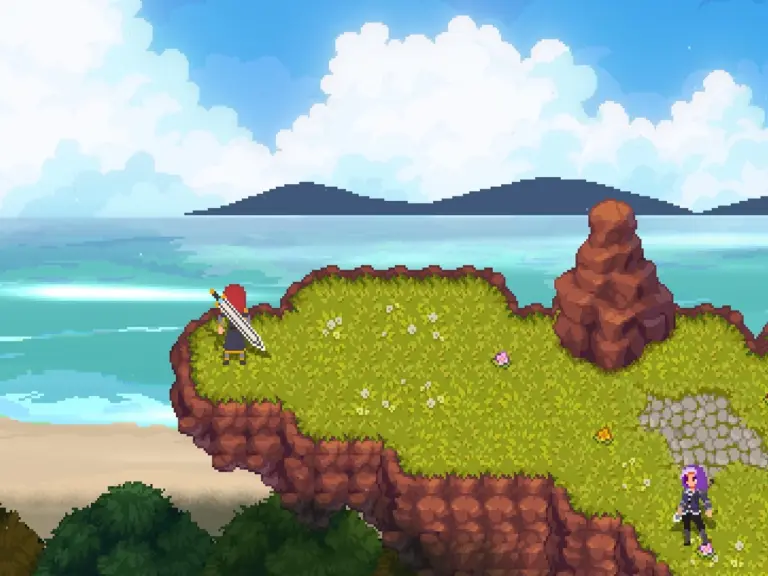 A pixel graphic image of two characters standing on a lush green cliff  on a rocky foundation overlooking an expansive ocean with clouds and hills in the distance