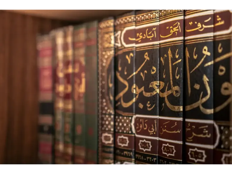 Row of leather-bound books on a shelf with ornate Arabic calligraphy in gold, conveying a sense of tradition and cultural richness.