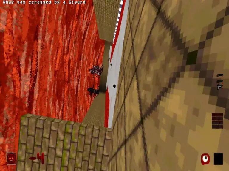 In game screenshot from FLESHCANCER with text saying Shay was scragged by a Zigurd, player is laying on a brown tiled ground as the red lava-like skybox looms and the three Zigurd's are still in attack positions