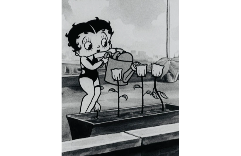 Black and white image of Betty Boop watering a garden.