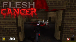 In game screenshot of FLESHCANCER with the games logo in the top left corner - entering the cultists sanctum which is a large brown brick building with wooden doors opening inwardly. Five enemies can be seen alongside the player character in third-person