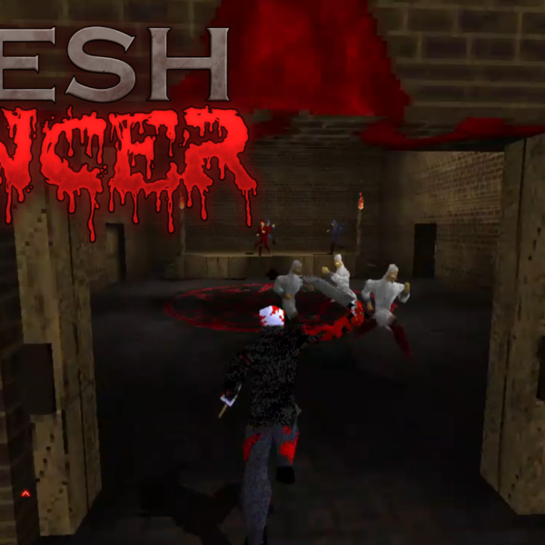 In game screenshot of FLESHCANCER with the games logo in the top left corner - entering the cultists sanctum which is a large brown brick building with wooden doors opening inwardly. Five enemies can be seen alongside the player character in third-person