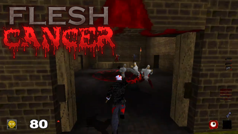 In game screenshot of FLESHCANCER with the games logo in the top left corner - entering the cultists sanctum which is a large brown brick building with wooden doors opening inwardly. Five enemies can be seen alongside the player character in third-person