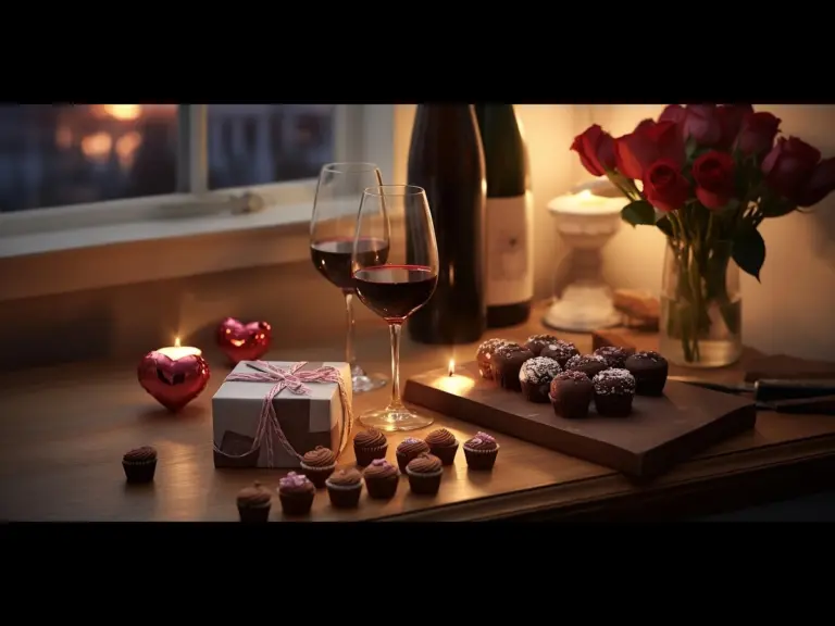 Wide shot of a romantic spread, including wine and chocolate
