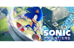 Sonic the Hedgehog rail-sliding while "Sonic Frontiers" is titled on the screen.