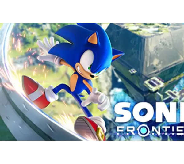 Sonic the Hedgehog rail-sliding while "Sonic Frontiers" is titled on the screen.