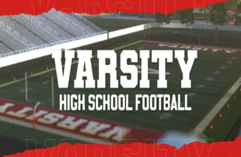 a title of "Varsity High School Football" and a background of a football stadium.