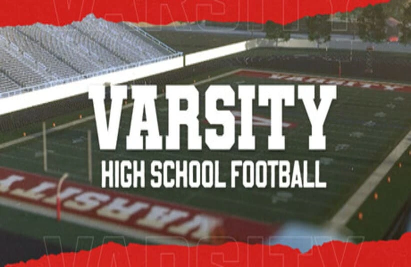 a title of "Varsity High School Football" and a background of a football stadium.