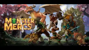 Fantasy game artwork for "Monster Mercs" shows diverse characters, including a dragon, orc, knight, and dwarf, in a vibrant, mythical landscape.