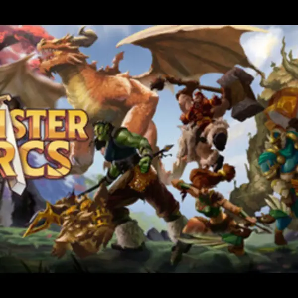 Fantasy game artwork for "Monster Mercs" shows diverse characters, including a dragon, orc, knight, and dwarf, in a vibrant, mythical landscape.