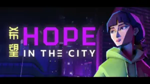 Mystery game artwork of Hope in the City. a girl in a green hoody in front of a purple and black background.
