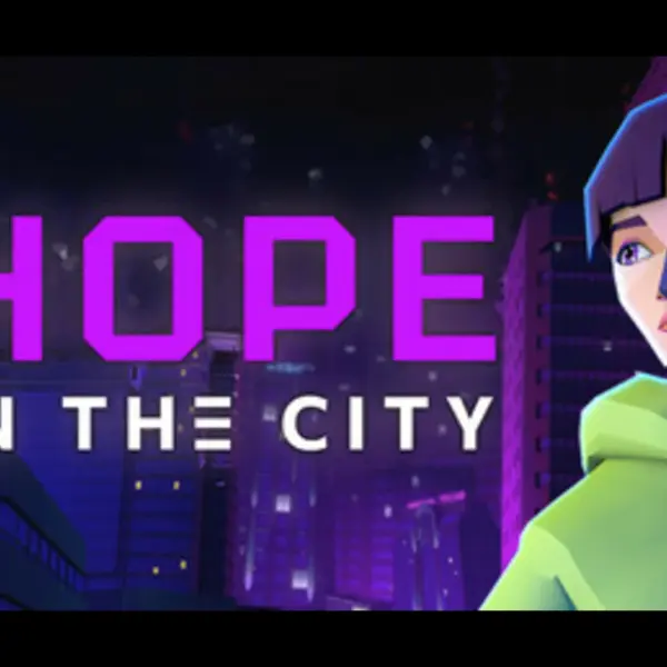 Mystery game artwork of Hope in the City. a girl in a green hoody in front of a purple and black background.