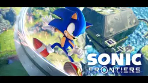 Sonic the Hedgehog rail-sliding while "Sonic Frontiers" is titled on the screen.