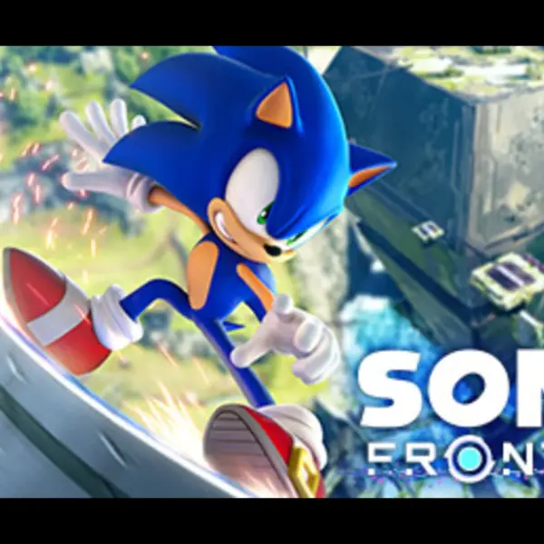 Sonic the Hedgehog rail-sliding while "Sonic Frontiers" is titled on the screen.