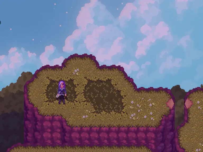 A pixel graphic image of a character standing in an isolated location on a dim grassy hill overlooking ethereal blue and purple hued clouds in the distance