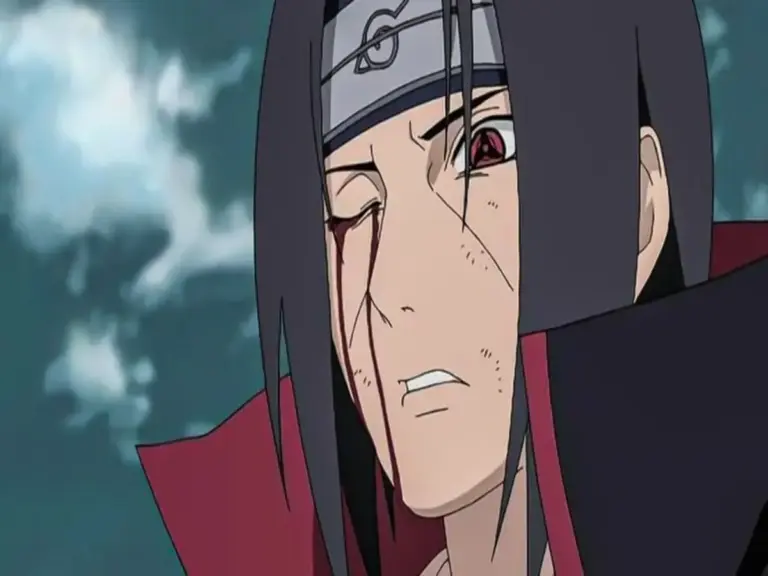 Itachi Uchiha looking down on his brother during their battle.