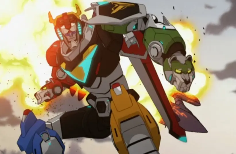 Voltron is in a big action scene after being fully combined.