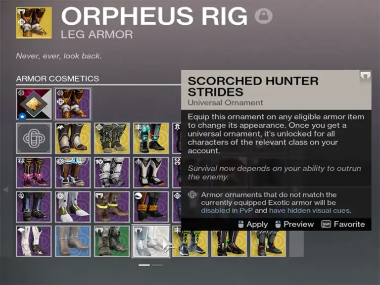 Different ornaments that can be applied to Orpheus Rig in Destiny 2