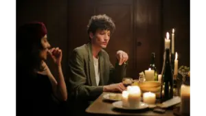 A couple enjoying romantic candlelit dinners in a cozy, Parisian-inspired setting filled with warm lighting and intimate charm.