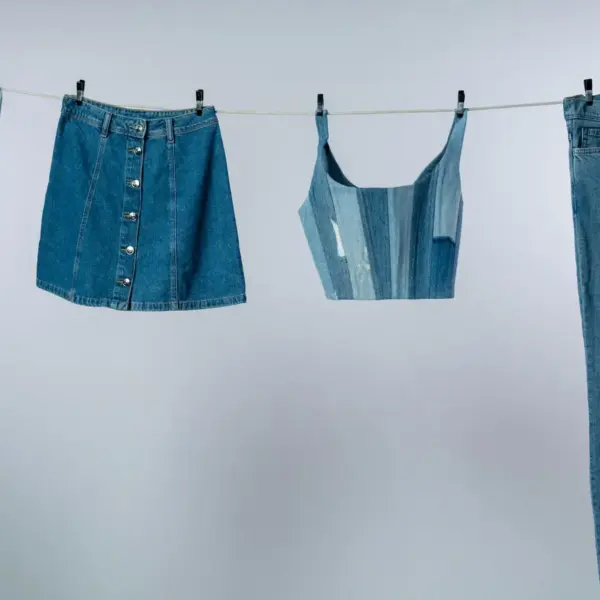 Various summer denim garments drying on a clothesline against a neutral background