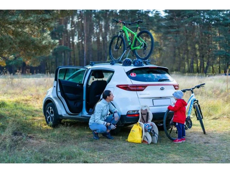 Mother and child prepare for a cycling adventure in a scenic park, capturing the simple joy often found in road trips.