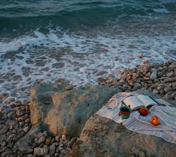 In daily devotional, a Bible is near the seaside along with other items indicatng relaxation and study.