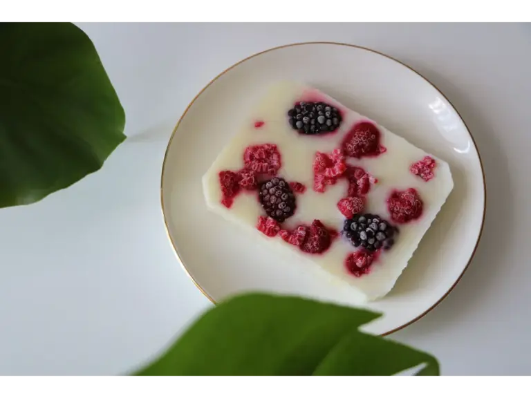 Frozen yogurt bites bar topped with raspberries and blackberries on a white plate, surrounded by leaves