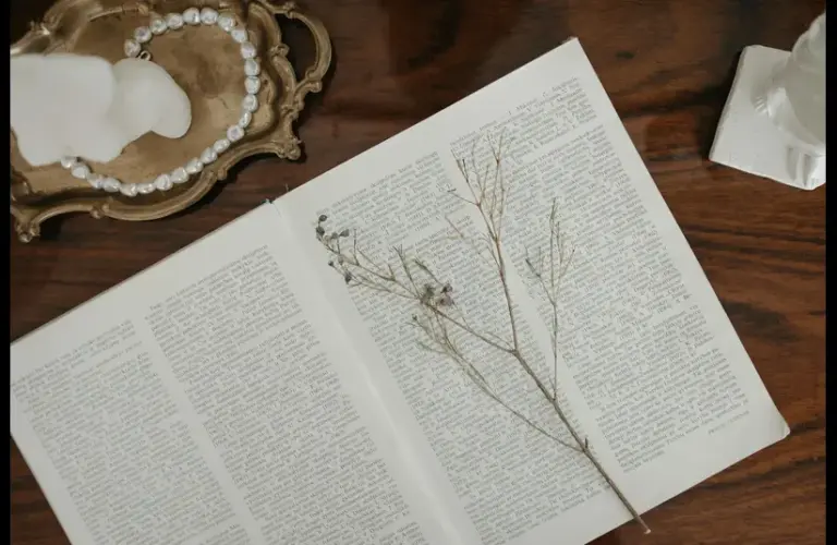 In daily devotional, an open Bible with a branch inside and a string of pearls on the side in a tray.