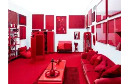 A striking, red-themed color drenched room featuring modern art pieces and furniture, creating a bold visual impact.