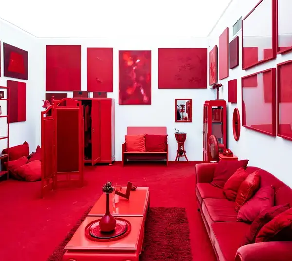 A striking, red-themed color drenched room featuring modern art pieces and furniture, creating a bold visual impact.