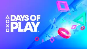 PlayStation Colorful geometric shapes and symbols flow diagonally from a blue background with 'Days of Play' in bold white, conveying a playful and energetic theme.