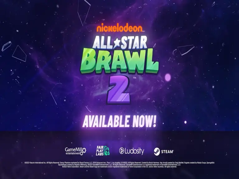 PlayStation Plus game coming in June Nickelodeon All Star Brawl 2 with colorful, bold text on a cosmic purple background. "Available Now!" is written below, with logos at the bottom.