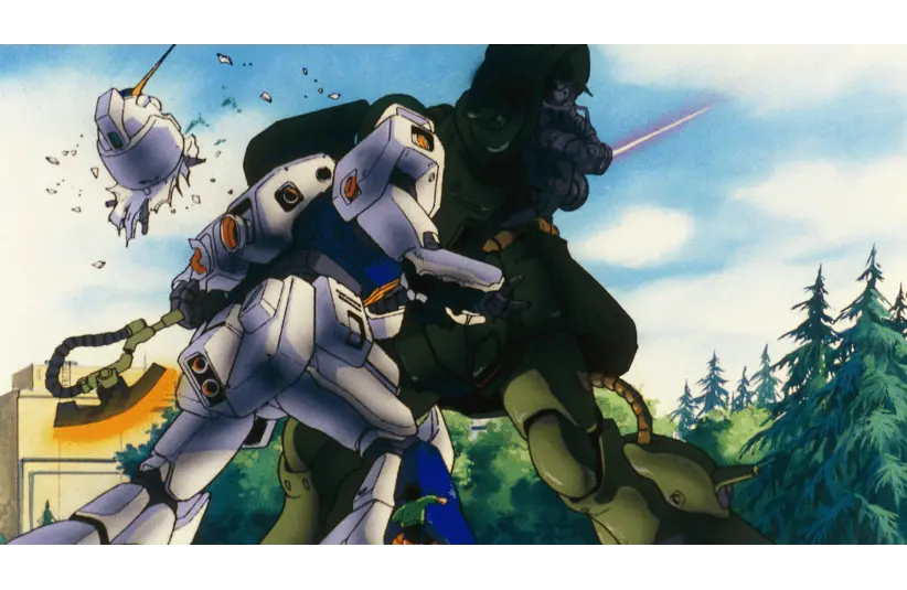 Two large robots engage in a dynamic battle scene in a forest. One white robot punches a green robot amid flying debris, with dramatic tension and scattered clouds.