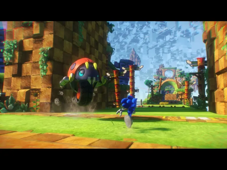 Sonic running in a desert as an Egg man robot watches in the background for Sonic Frontiers.