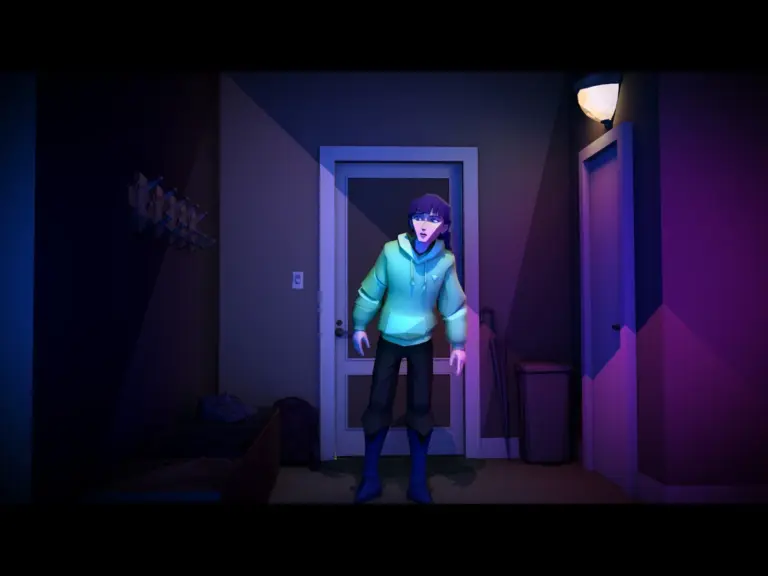 The main character, a girl in a hoodie, walking through a door into a room. 