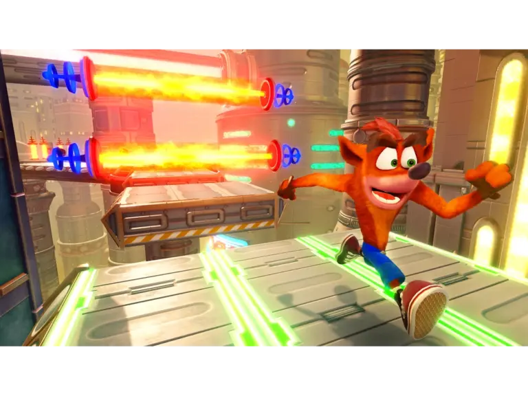 Crash Bandicoot outrunning lazers chasing after him. 